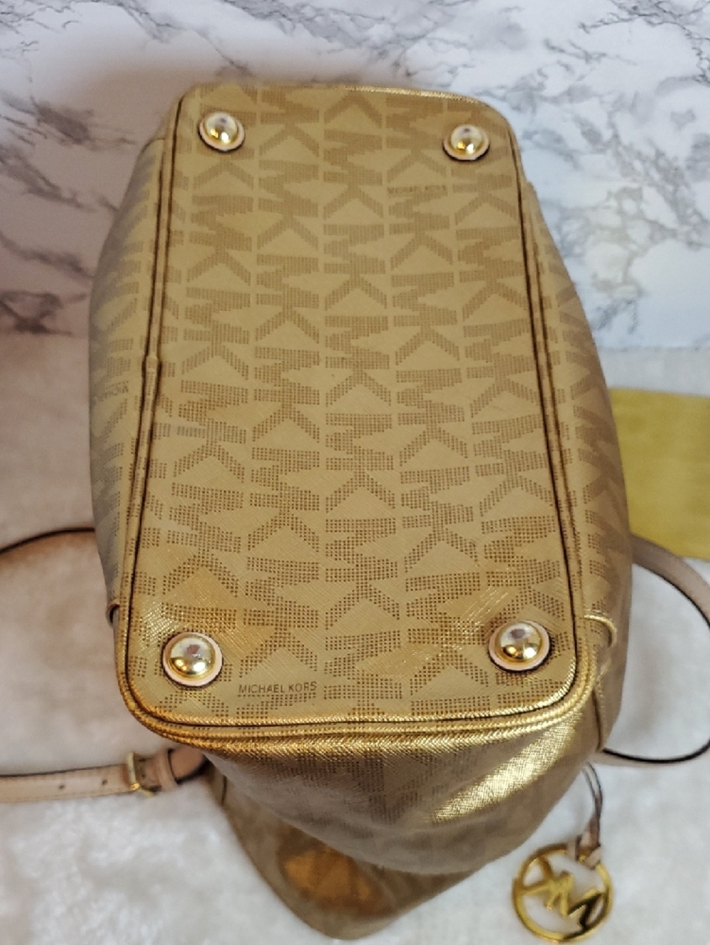 Michael Kors Gold Metallic Jet Set East West MK Logo Tote - Picture 10 of 14